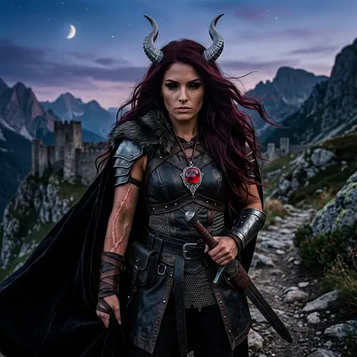 Fantasy Character with Black Costume and Burgundy Hair