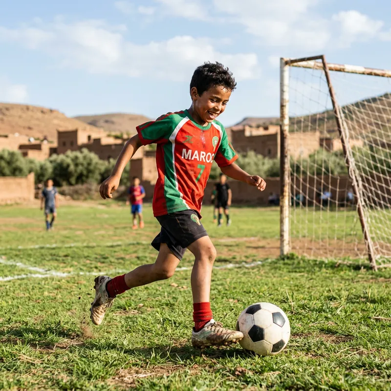 Young Moroccan Boy Joyfully Playing Soccer in Bright Sun