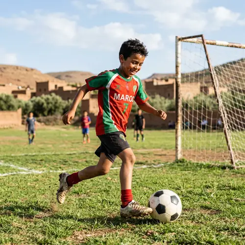 Young Moroccan Boy Playing Soccer in Bright Sun