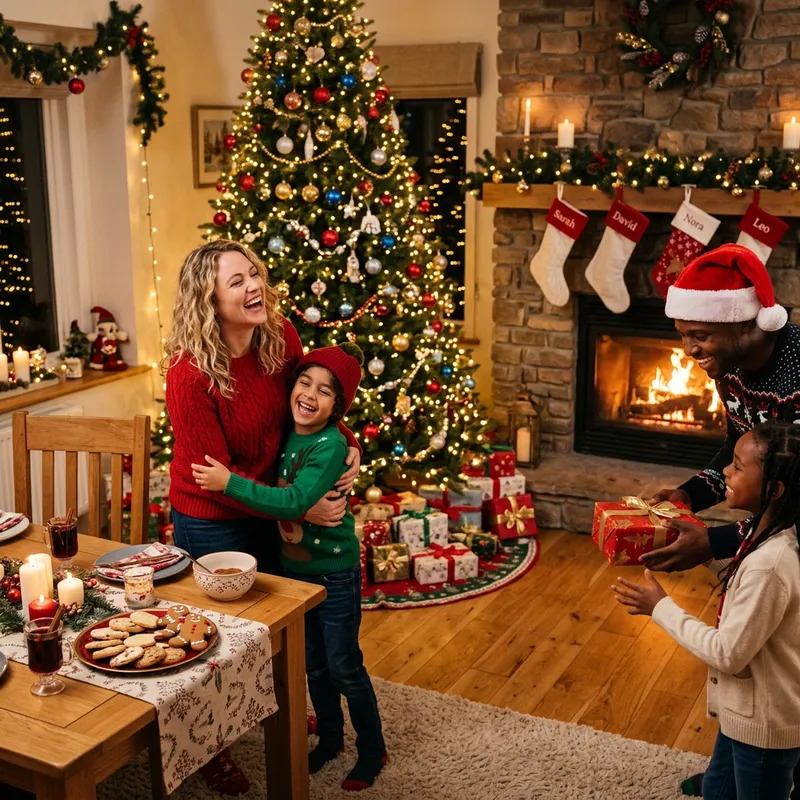 Merry Christmas Scene with Diverse Characters and Festive Spirit Merry Christmas Scene with Diverse Characters and Festive Spirit