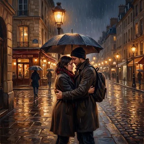 Intimate Hug Oil Painting: Lovers in the Rain