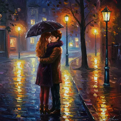 Intimate Hug Oil Painting: Lovers in the Rain