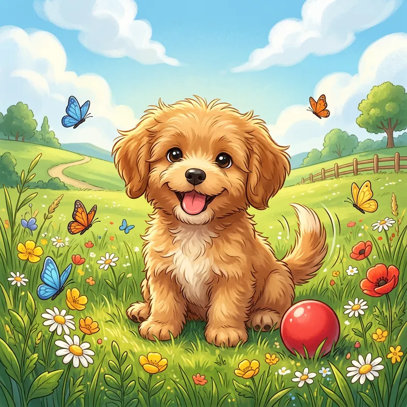 Cheerful Cartoon Puppy Drawing | Fluffy Adorable Dog Art