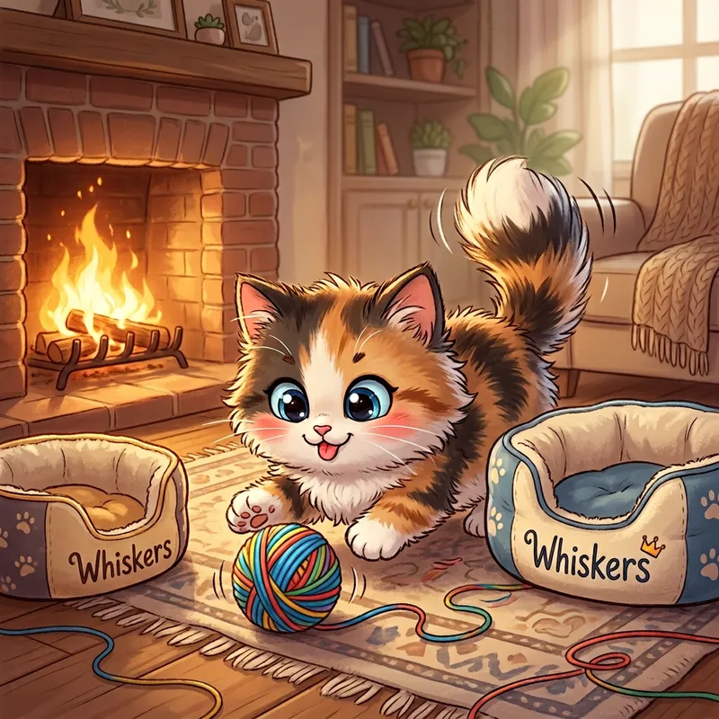 Cute Cartoon Kitten Playing with Yarn in Cozy Living Room
