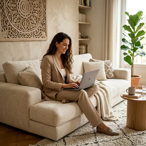 Elegant Workspace: Modern Sofa & Stylish Woman
