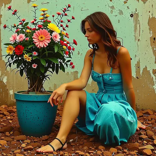 Vintage Surrealism Art with Woman and Flowers | High-Res Edit