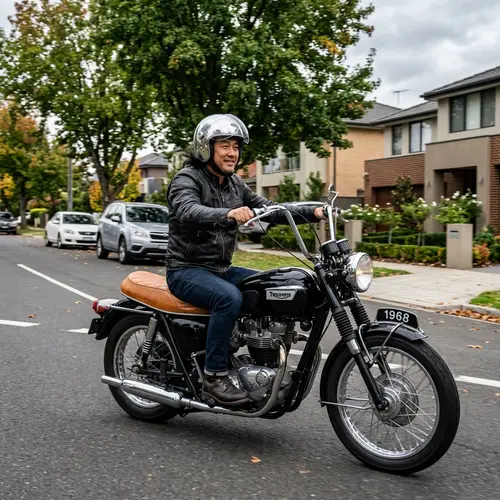 Middle-aged Eastern Asian Man Riding Classic-Style Motorbike