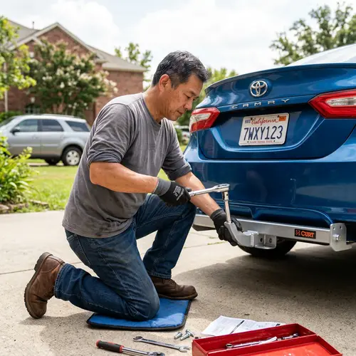 Professional Towbar Installation on Modern Blue Sedan | Expert Mechanic