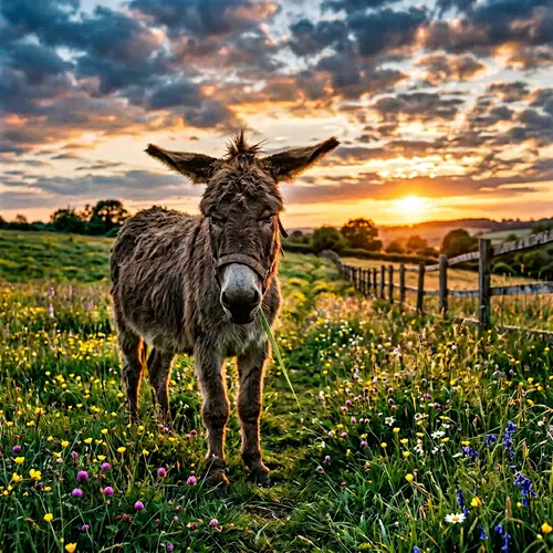 Grumpy Donkey Standing in Lush Meadow