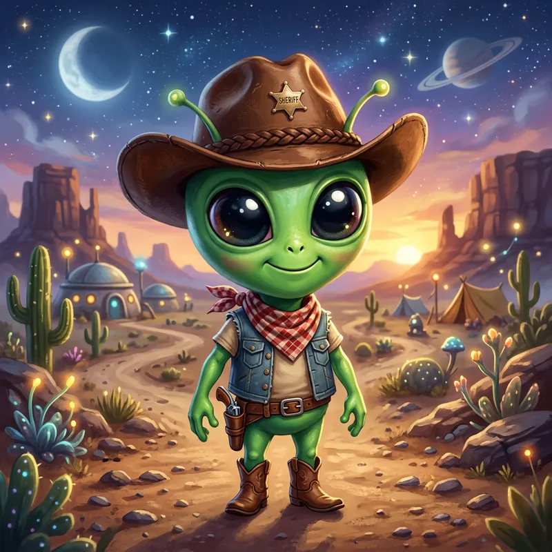 Cute Green Alien with Cowboy Hat