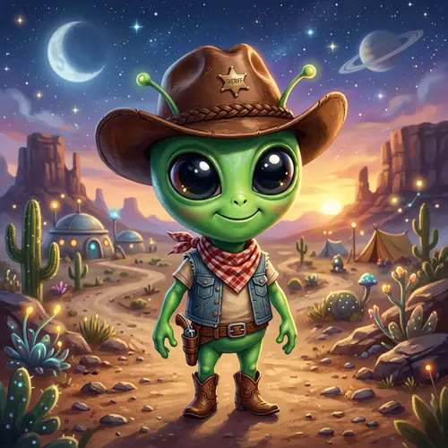 Cute Green Alien with Cowboy Hat