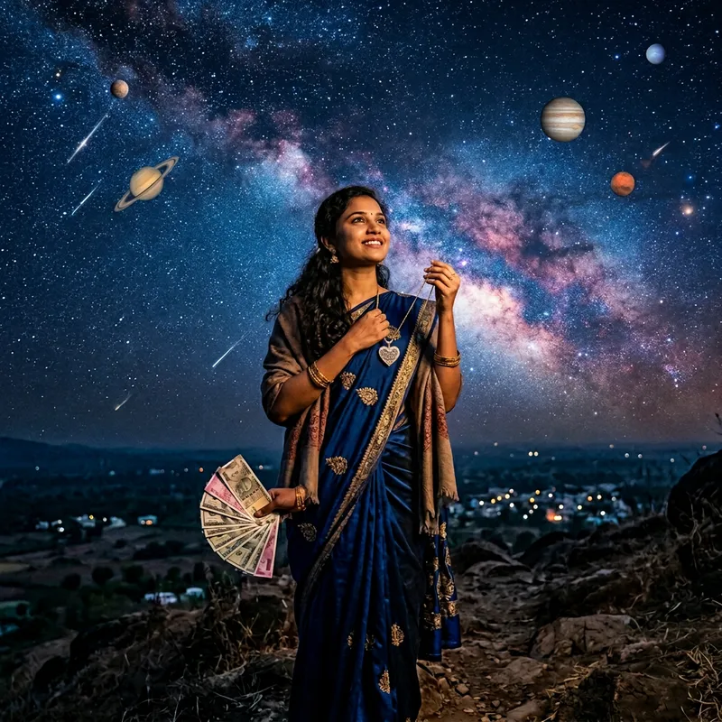 Celestial South Asian Woman with Planets, Wealth & Love