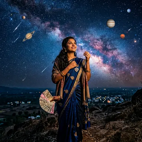 South Asian Woman Stargazing with Planets, Wealth, and Love