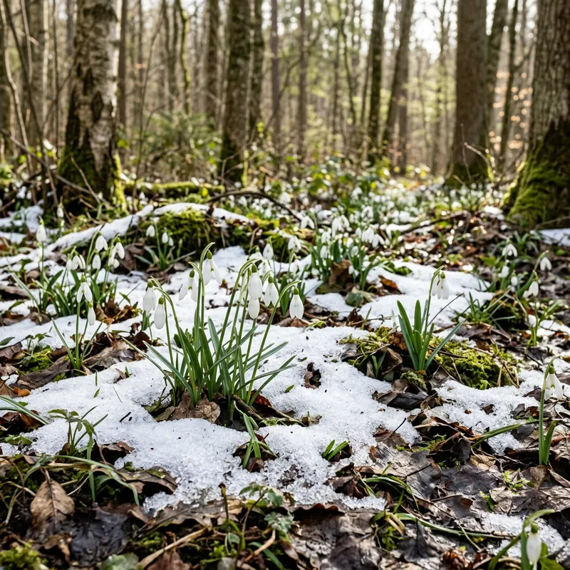 Spring Forest with Snowdrops - Tranquil Scene