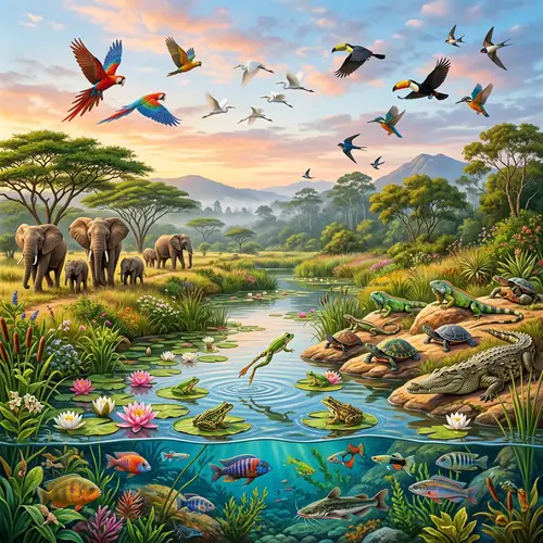 Diverse Animal Kingdom: Elephants, Birds, Reptiles, Frogs & Fish