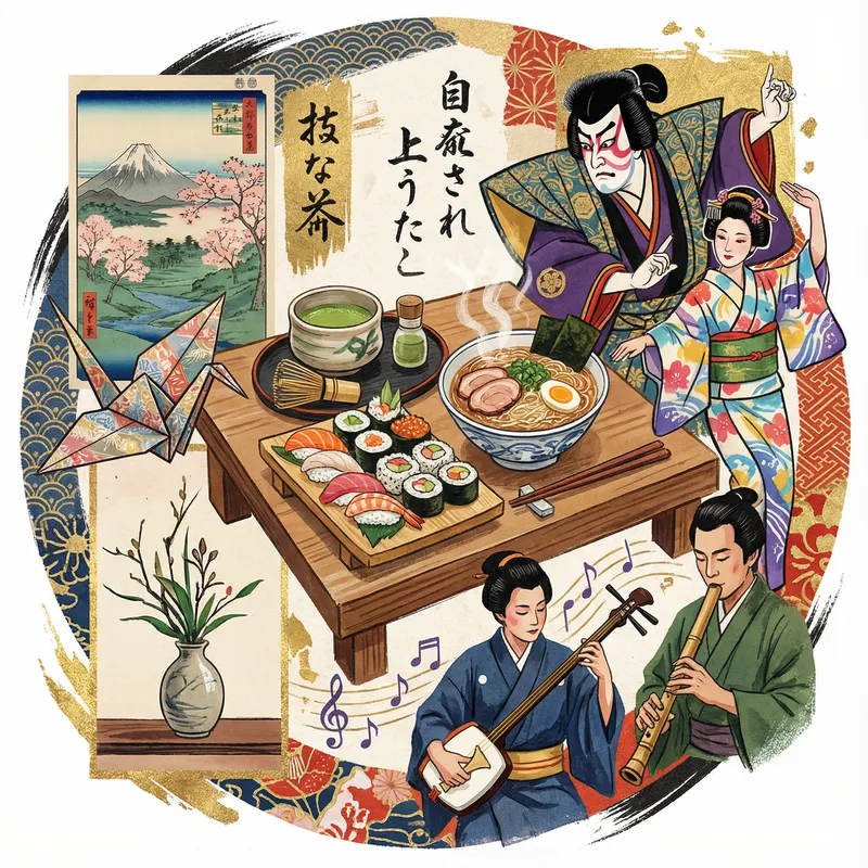 Vibrant Japanese Culture Collage: Sushi, Ramen, Ukiyo-e, Kabuki & More