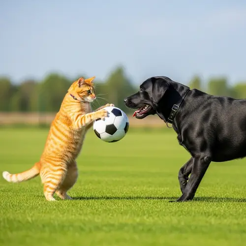 Cat and Dog Playing Soccer - Realistic Pet Art