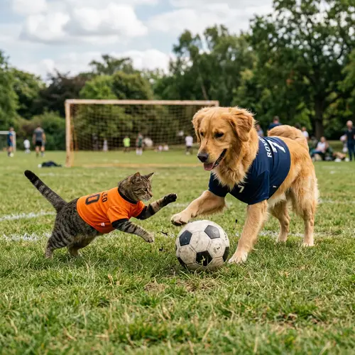 Cat and Dog Playing Soccer - Realistic Pet Art