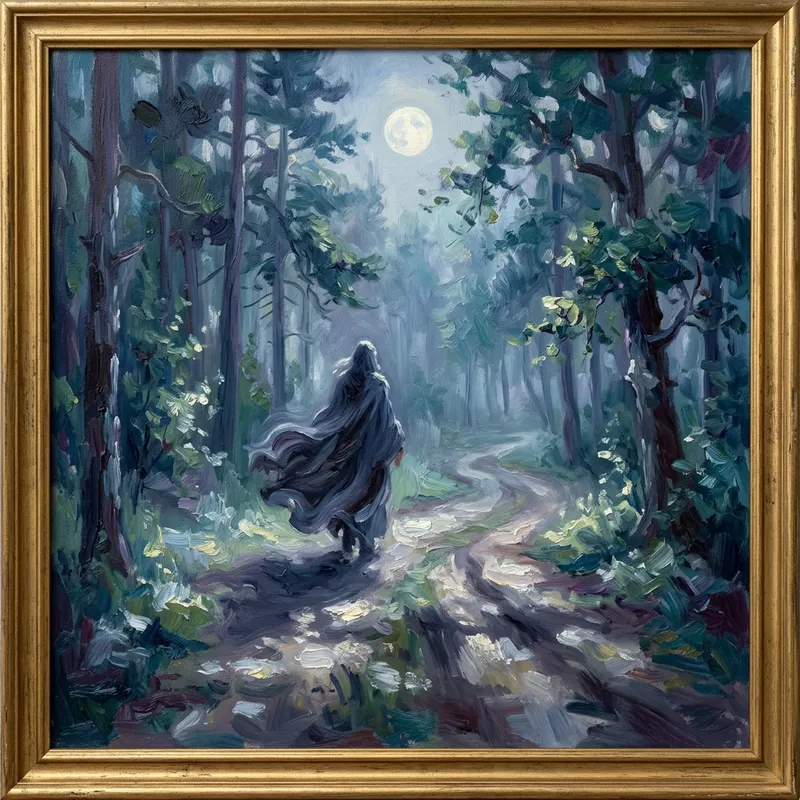 Enigmatic Figure in Enchanted Forest: Impressionism Art
