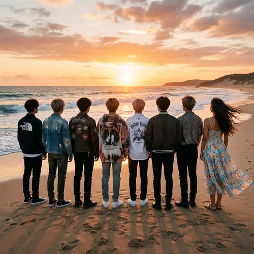 Stylish K-Pop Band and Woman on Beach at Sunset