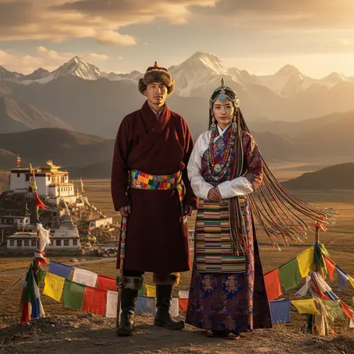 Tibetan Couple in Traditional Attire on the Plateau