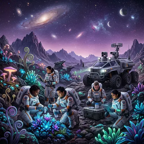 Diverse Scientists Collecting Samples from Bio-luminescent Plants