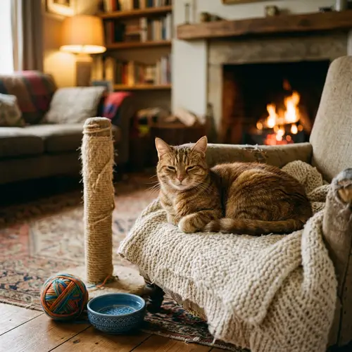 Cozy Cat in Warm Room with Water Bowl and Yarn - Comfortable Life