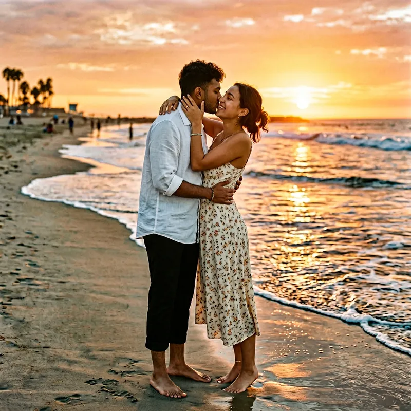 Young South Asian Musician Kissing Female on Tropical Beach Young South Asian Musician Kissing Female on Tropical Beach