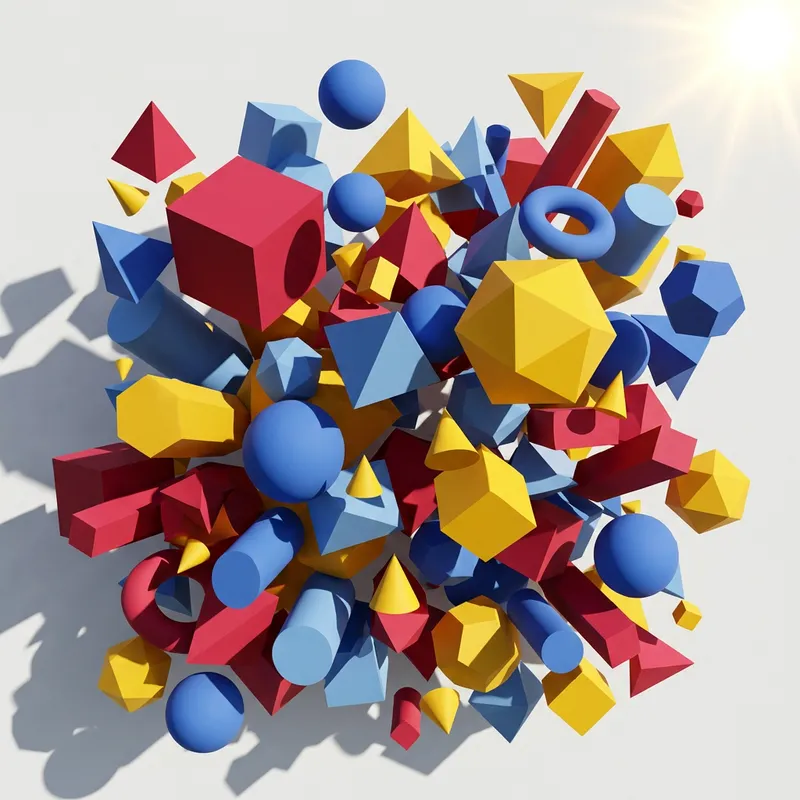 Abstract Geometric Shapes: 3D Patterns in Red, Blue & Yellow