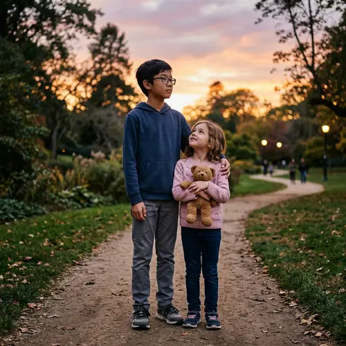 Protective Asian Boy Watches Over Younger Sister at Dusk