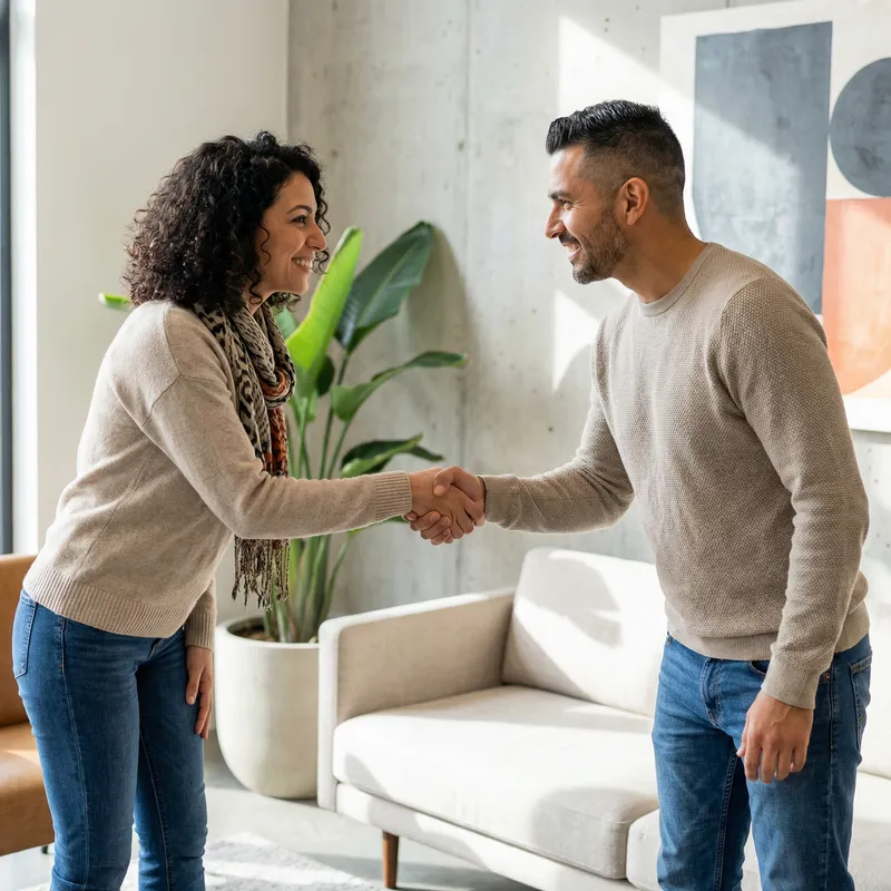 Introducing Scene: Middle-Eastern Woman and Hispanic Man Handshake Introducing Scene: Middle-Eastern Woman and Hispanic Man Handshake