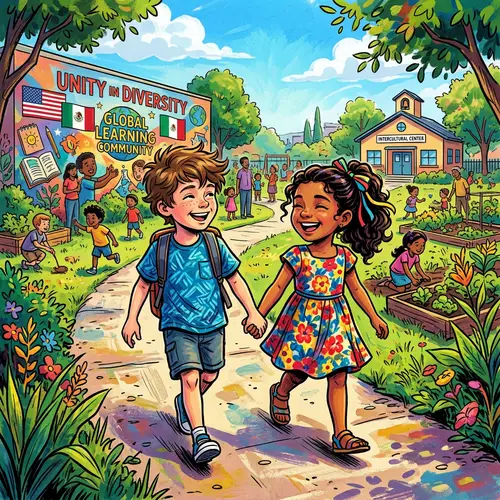 Intercultural Education Illustration: Caucasian Boy and Hispanic Girl Holding Hands