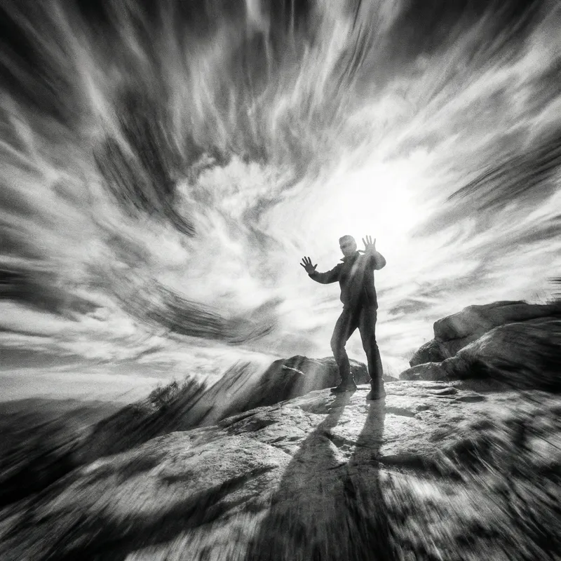 Dynamic Black and White Human Figure in Intense Sunlight Dynamic Black and White Human Figure in Intense Sunlight