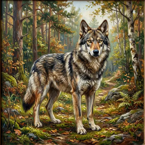 Majestic Wolf-Like Dog Oil Painting | Unique Grey, Brown & Black Fur