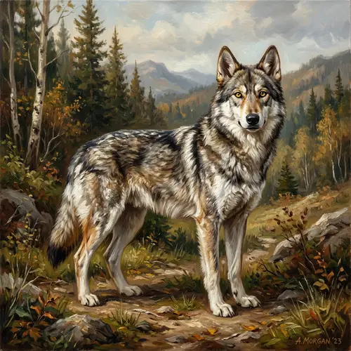 Majestic Wolf-Like Dog Oil Painting | 50cm Tall | Gray, Brown, and Black Coat