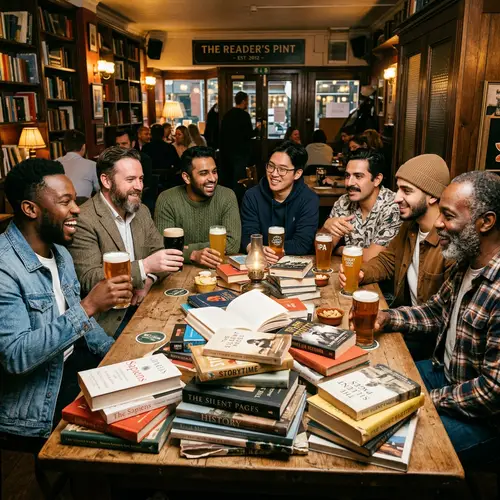 Diverse Men Enjoying Beer and Books at Table