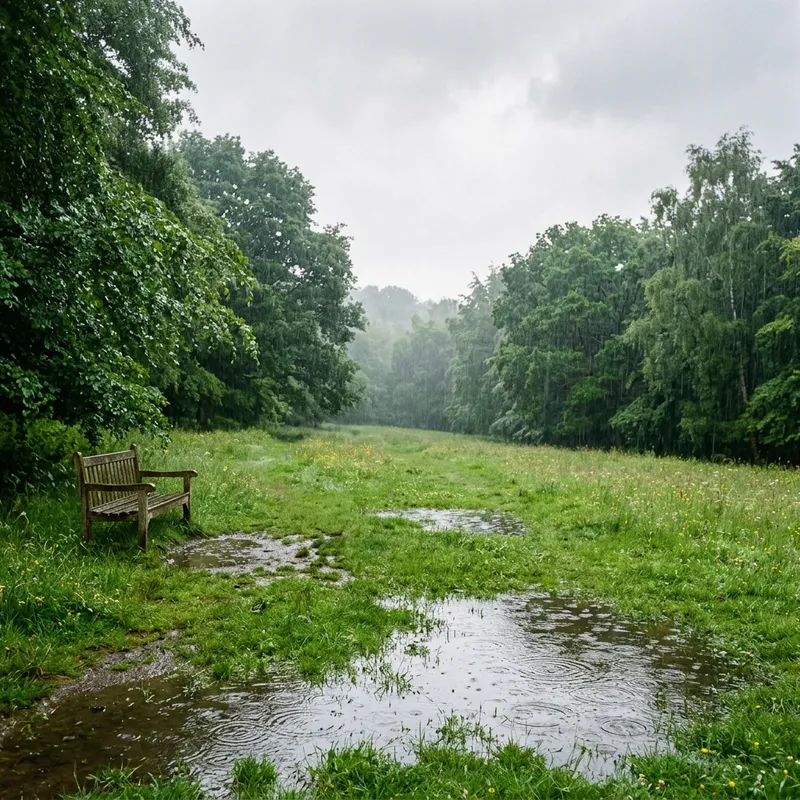 Rainy Day Serenity in Lush Meadow - Nature Landscape View