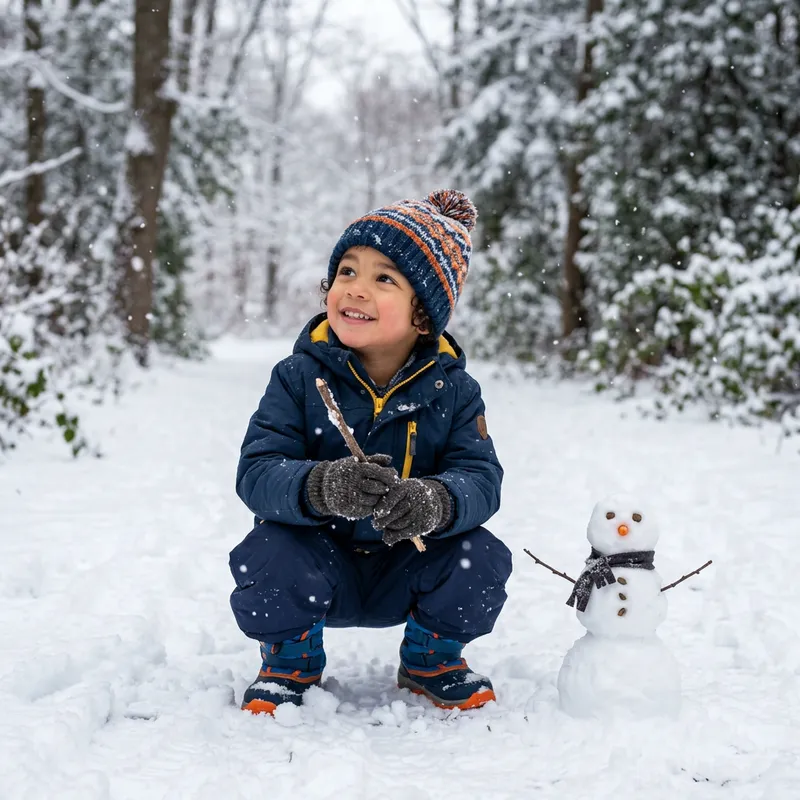 Curious Boy Squatting in Snow with Snowman - Winter Scene