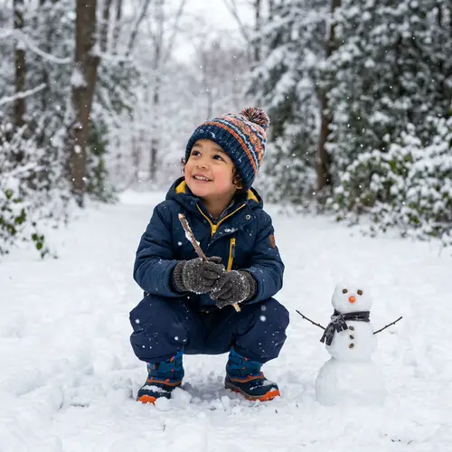 Delightful Mixed-Race Boy Creates Snowman in Wintertime Scene