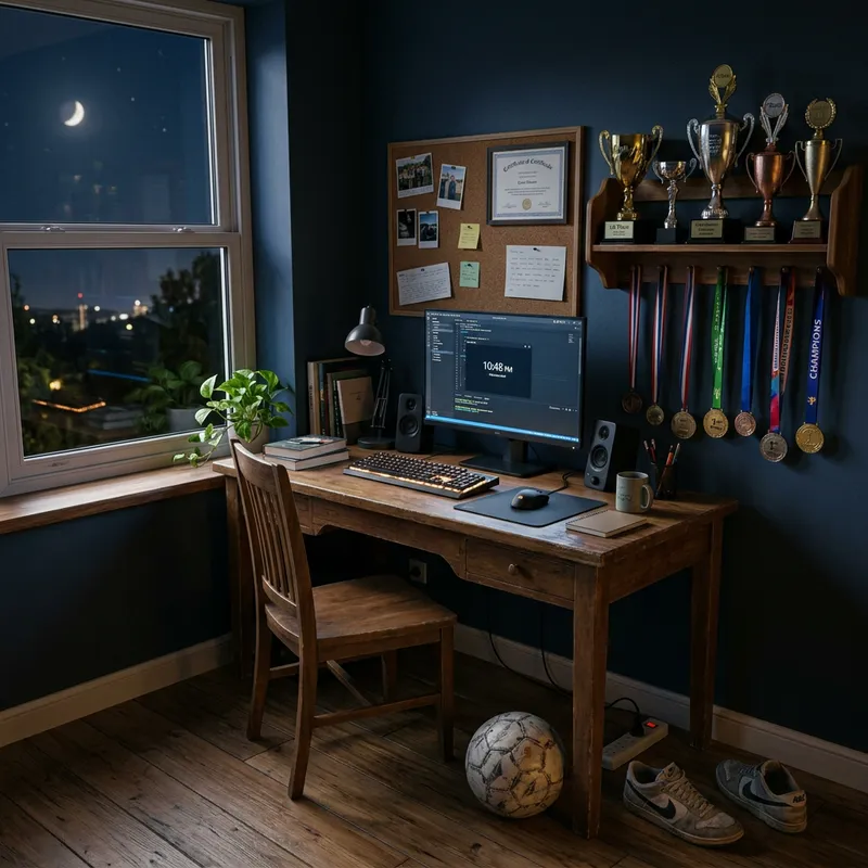 Cozy Night Room with Computer Desk, Soccer Ball & Award Shelf