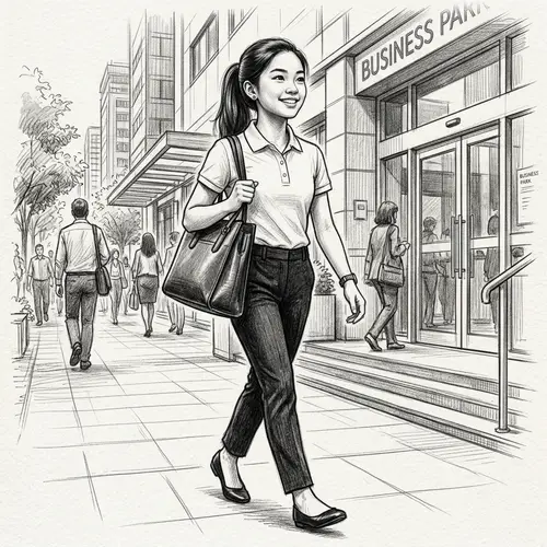 Asian Adolescent Girl Heading to Office in Professional Attire Sketch