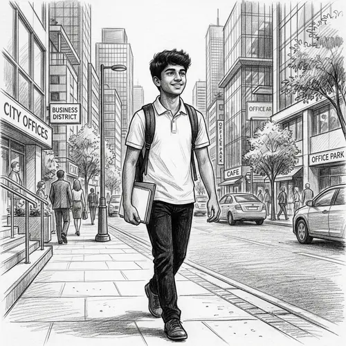South Asian Teenager Journeying to Office in White Polo and Black Pants Sketch