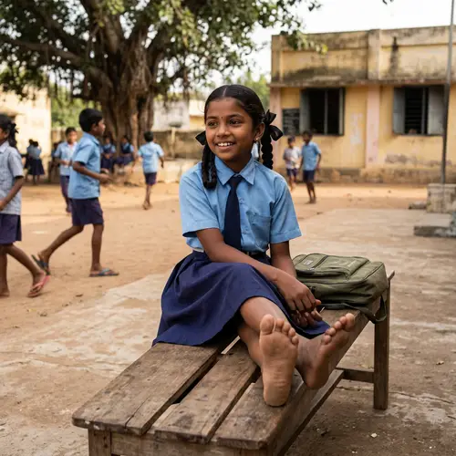 South Asian Girl in School Uniform Barefoot