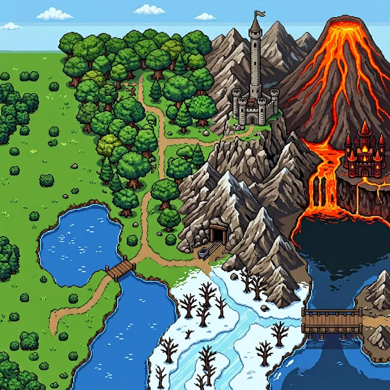 Pixel Art Adventure Scene: Top Down View from Distance