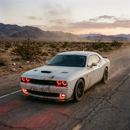 White Dodge Challenger in Desert with Blood