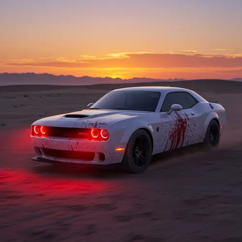 White Dodge Challenger in Desert with Blood