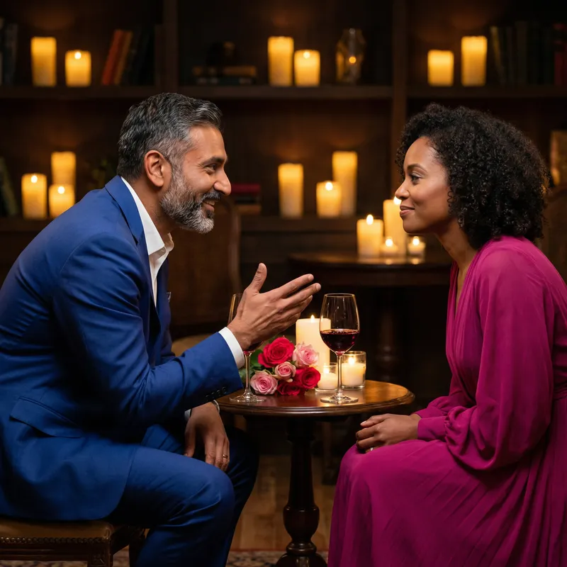 Intimate Scene: Elegant South Asian Man & Black Woman in Respectful Conversation