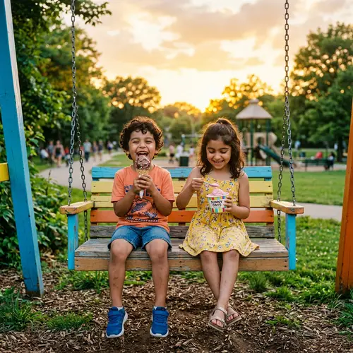 Kids Eating Ice Cream on Swing Set in Colorful Park