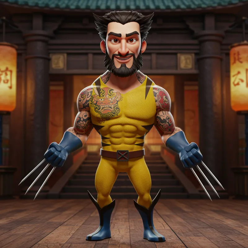 3D Pixar Character: Wolverine in Cyberpunk Temple