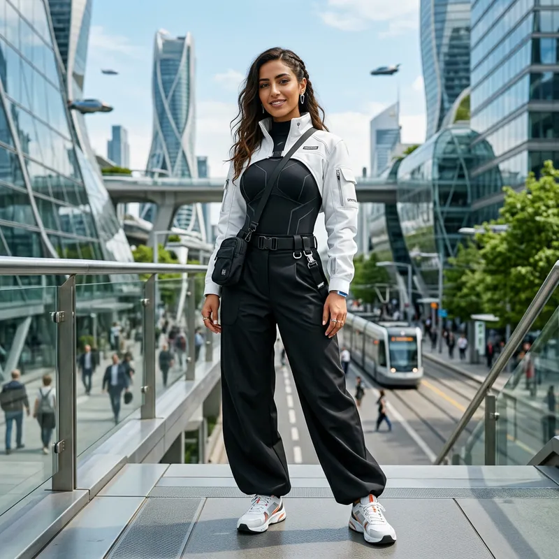 Futuristic Middle-Eastern Woman in Stylish Black Bodysuit and White Bolero Jacket Futuristic Middle-Eastern Woman in Stylish Black Bodysuit and White Bolero Jacket